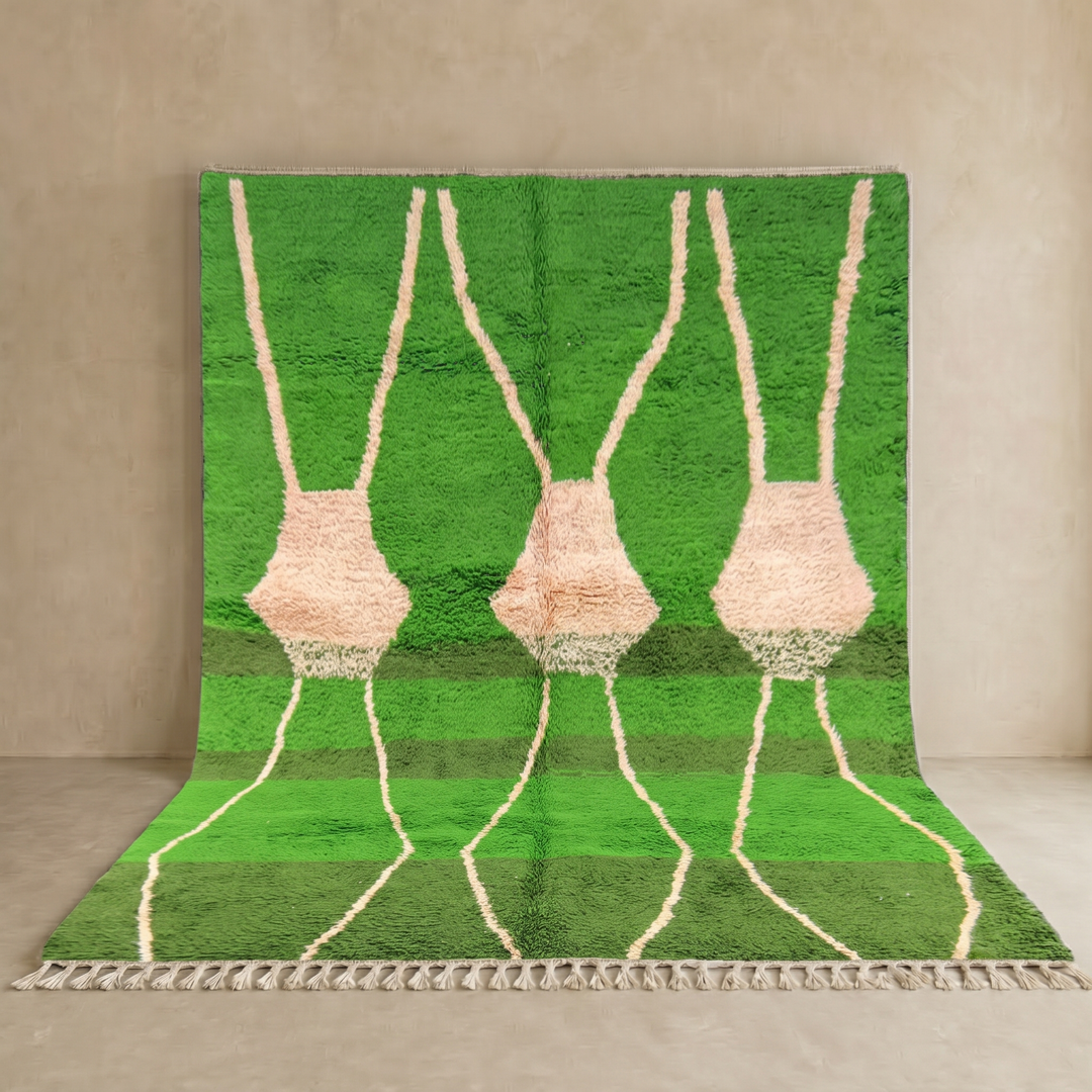 green moroccan wool rug with abstract berber organic pattern handmade
