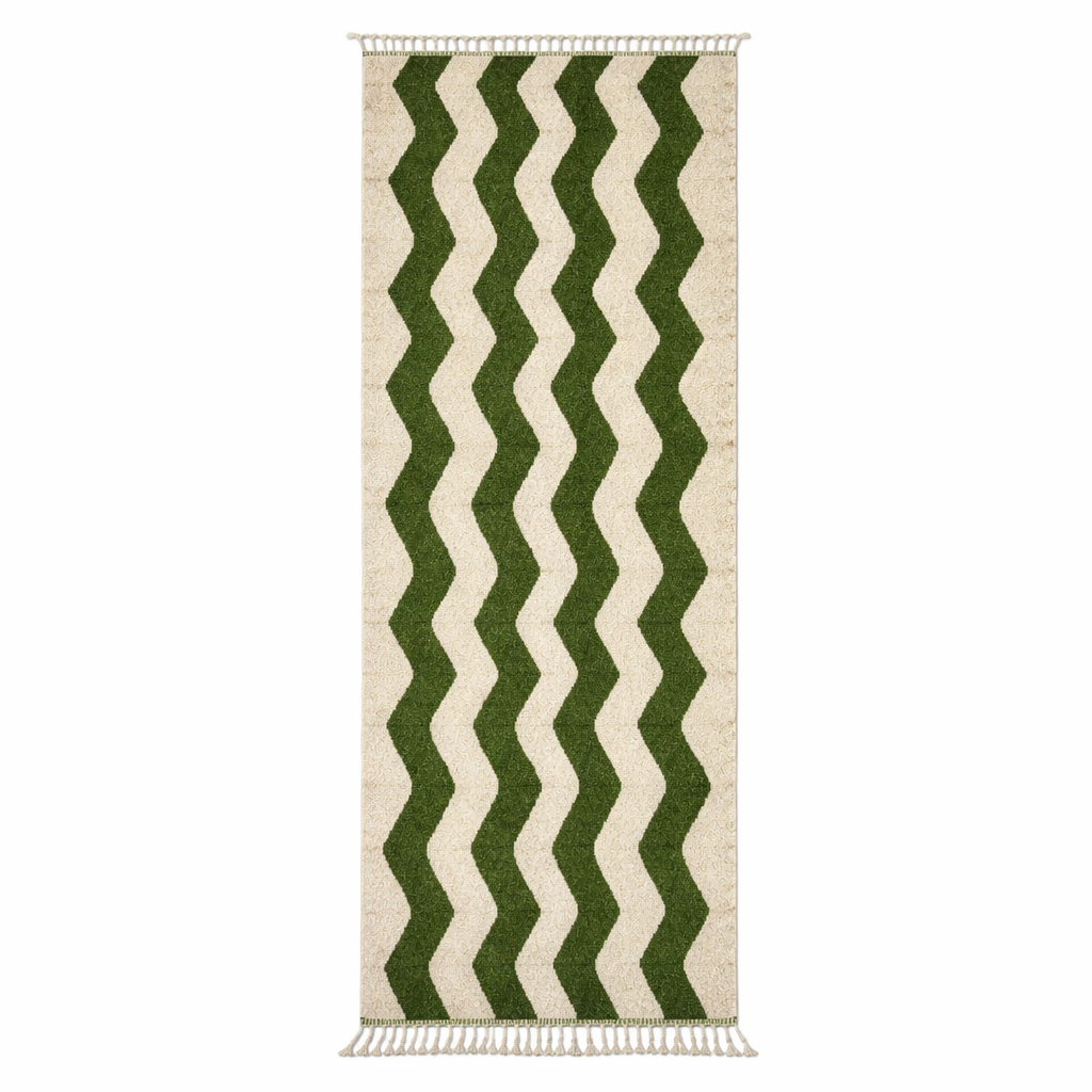 Green Moroccan wool runner rug with zigzag Berber pattern on ivory background, handmade chevron carpet