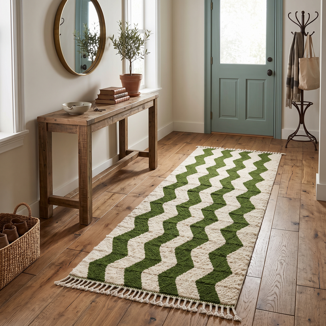 Green Moroccan wool runner rug with zigzag Berber pattern on ivory background, handmade chevron carpet