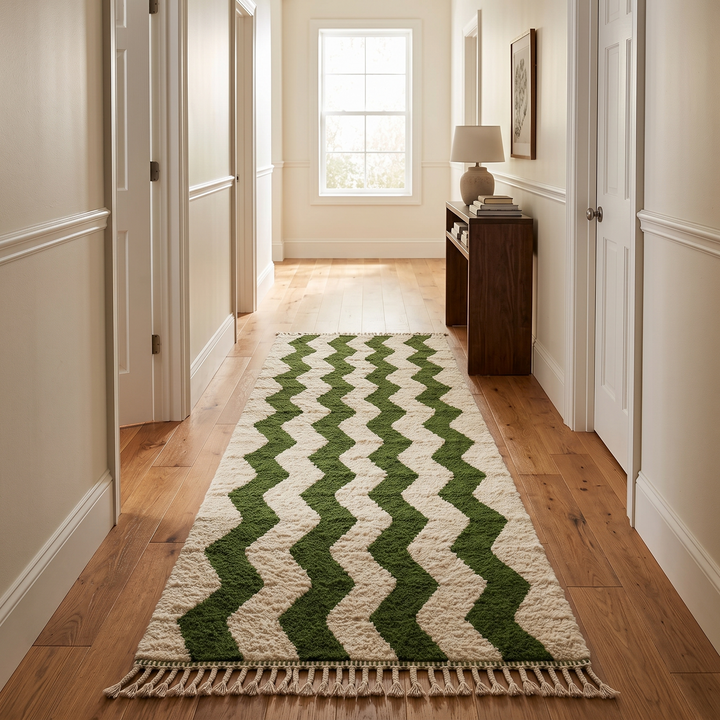 Green Moroccan wool runner rug with zigzag Berber pattern on ivory background, handmade chevron carpet
