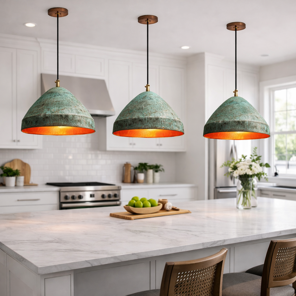 Green Patina Moroccan Pendant Light – Handmade Copper Kitchen Island Hanging Lamp