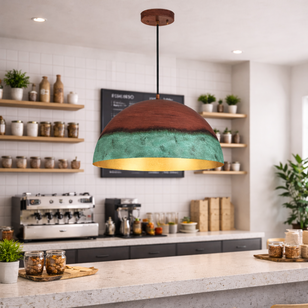 Green Patina &amp; Copper Dome Pendant Light – Handmade Moroccan Kitchen Island Hanging Lamp