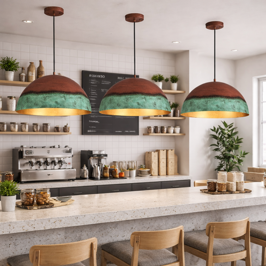 Green Patina &amp; Copper Dome Pendant Light – Handmade Moroccan Kitchen Island Hanging Lamp