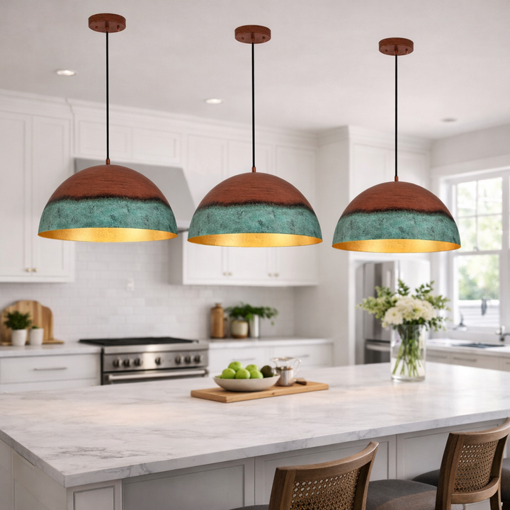 Green Patina &amp; Copper Dome Pendant Light – Handmade Moroccan Kitchen Island Hanging Lamp