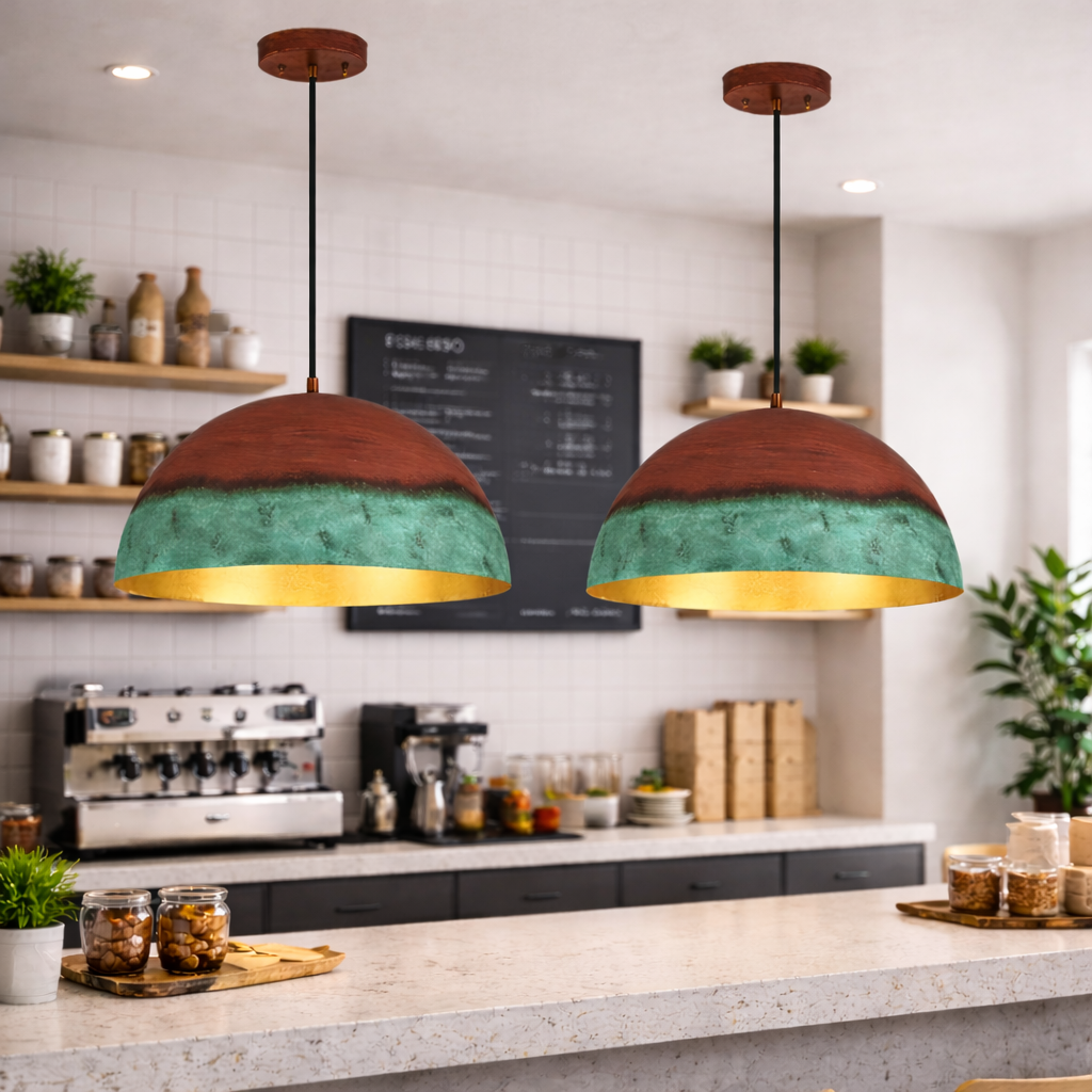 Green Patina &amp; Copper Dome Pendant Light – Handmade Moroccan Kitchen Island Hanging Lamp