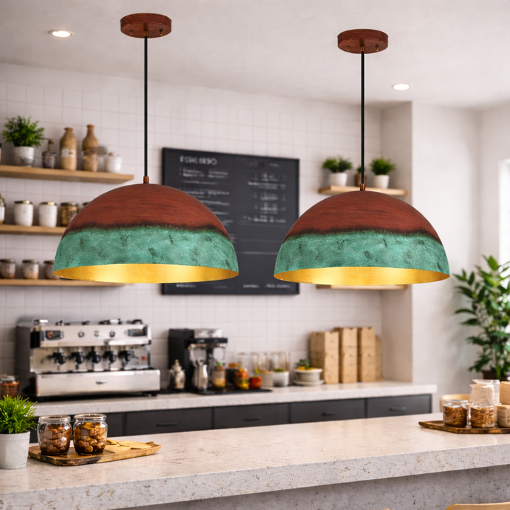 Green Patina &amp; Copper Dome Pendant Light – Handmade Moroccan Kitchen Island Hanging Lamp