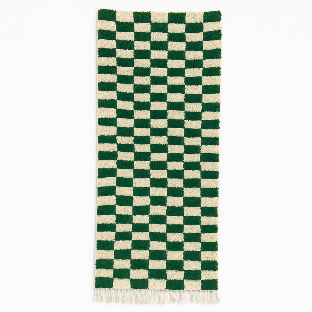 Green And White Checkerboard Moroccan Runner Rug