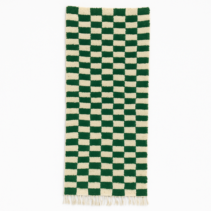 Green And White Checkerboard Moroccan Runner Rug