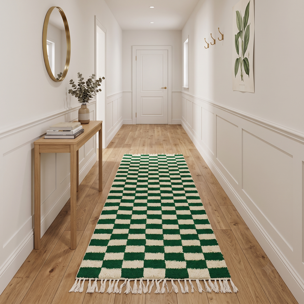 Handmade green and ivory checkerboard Moroccan runner rug with soft wool texture and fringed ends on a white background.