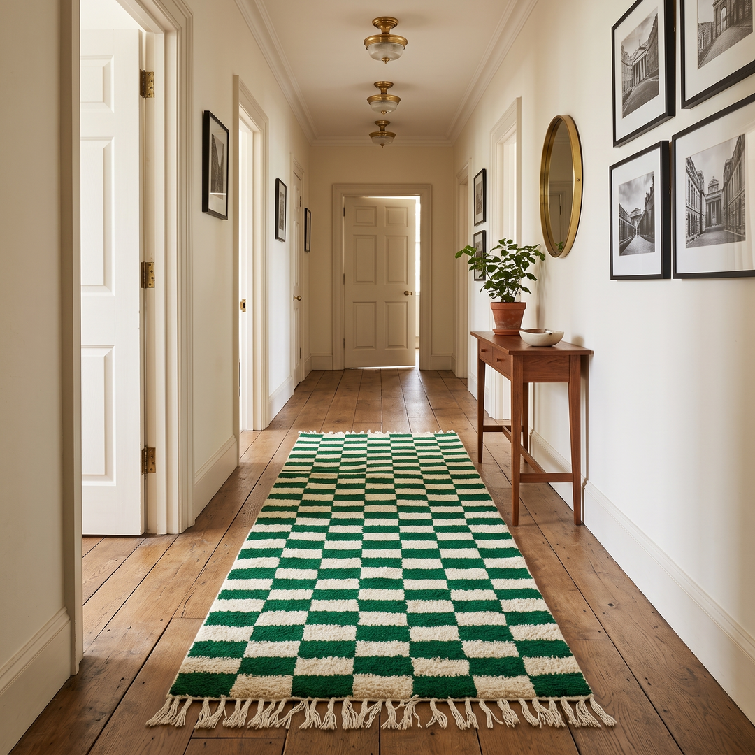 Handmade green and ivory checkerboard Moroccan runner rug with soft wool texture and fringed ends on a white background.