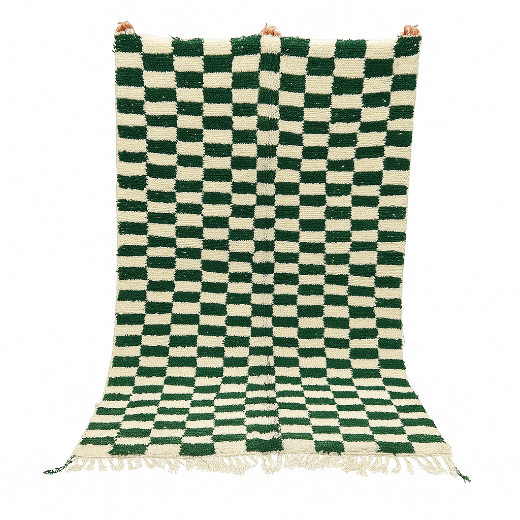 Green and white checkerboard Moroccan wool rug handmade by Berber artisans