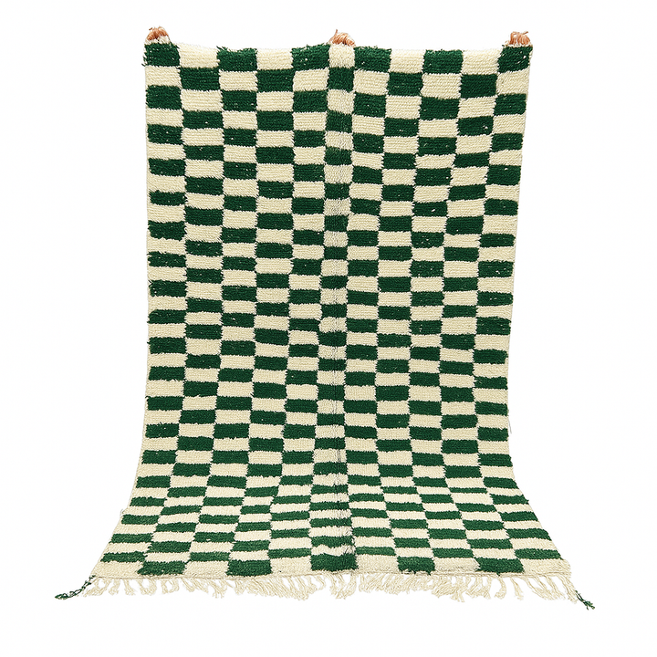 Green and white checkerboard Moroccan wool rug handmade by Berber artisans