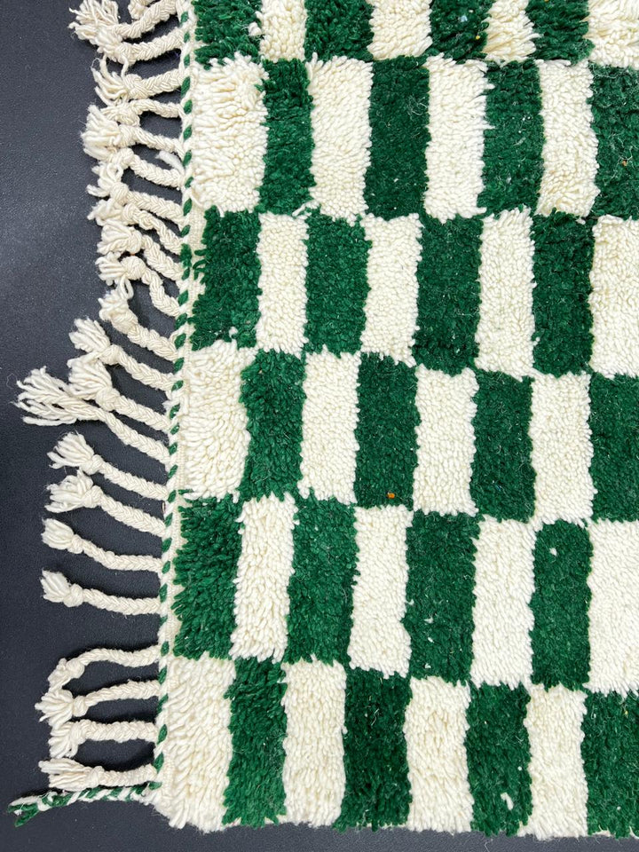 Green and white checkerboard Moroccan wool rug handmade by Berber artisans