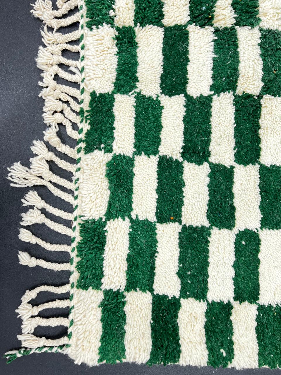 Green and white checkerboard Moroccan wool rug handmade by Berber artisans