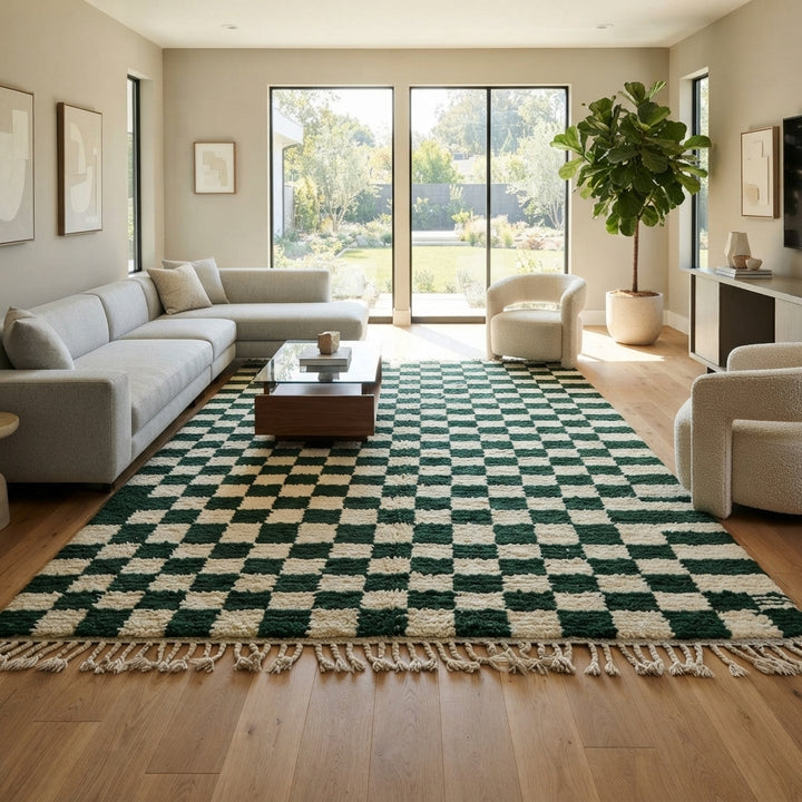 Green and white checkerboard Moroccan wool rug handmade by Berber artisans