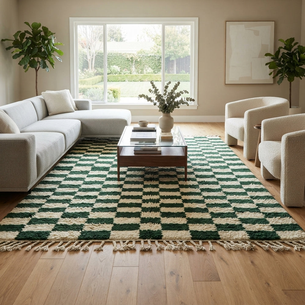 Green and white checkerboard Moroccan wool rug handmade by Berber artisans