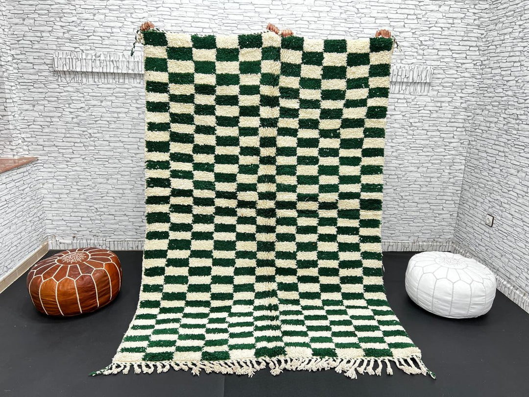 Green and white checkerboard Moroccan wool rug handmade by Berber artisans