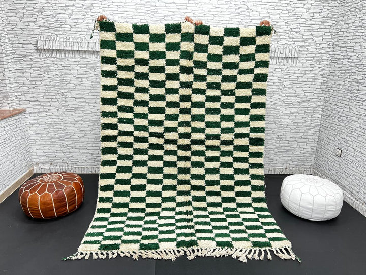 Green and white checkerboard Moroccan wool rug handmade by Berber artisans