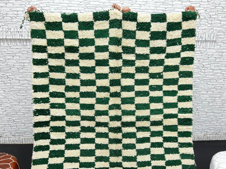 Green and white checkerboard Moroccan wool rug handmade by Berber artisans