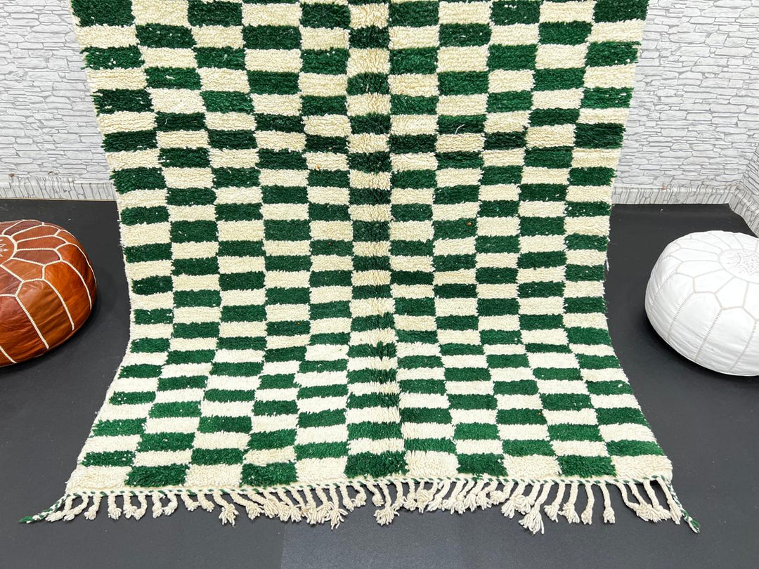 Green and white checkerboard Moroccan wool rug handmade by Berber artisans