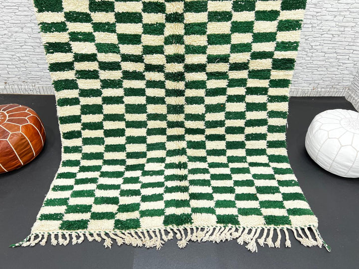 Green and white checkerboard Moroccan wool rug handmade by Berber artisans