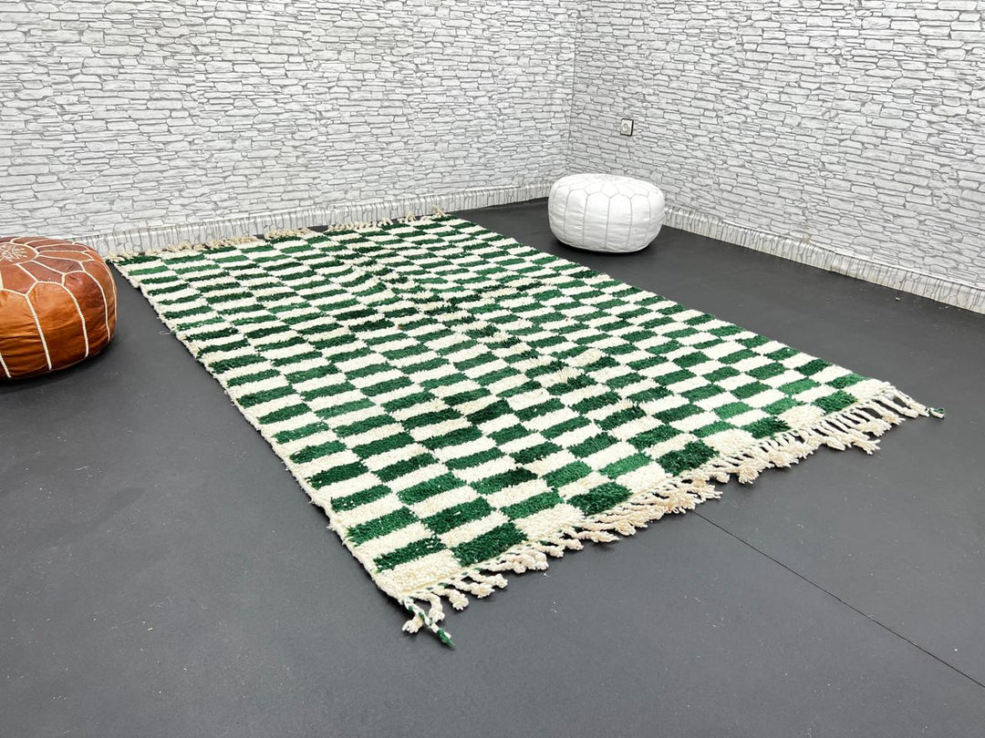 Green and white checkerboard Moroccan wool rug handmade by Berber artisans