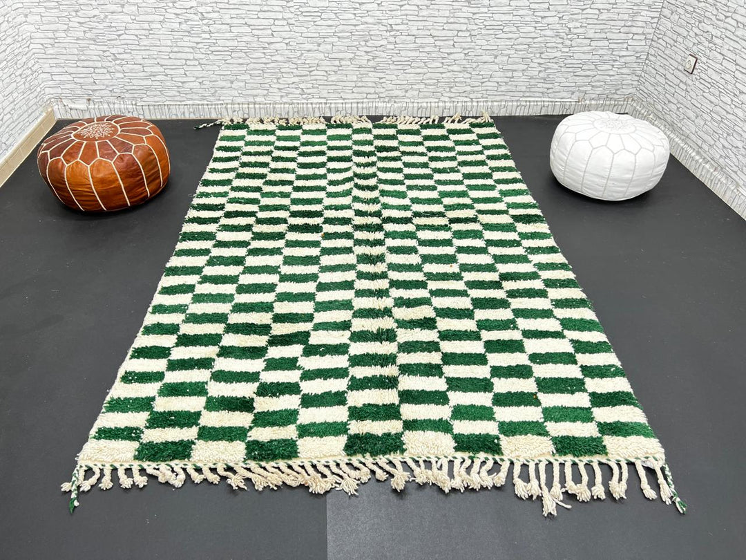 Green and white checkerboard Moroccan wool rug handmade by Berber artisans