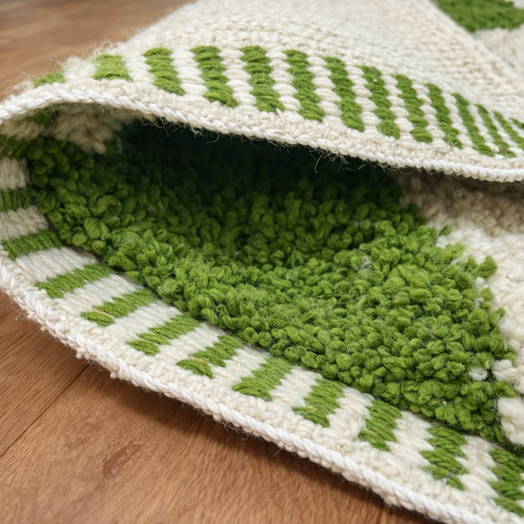 Green zigzag Moroccan wool rug with ivory background, handmade Berber shag rug from Morocco