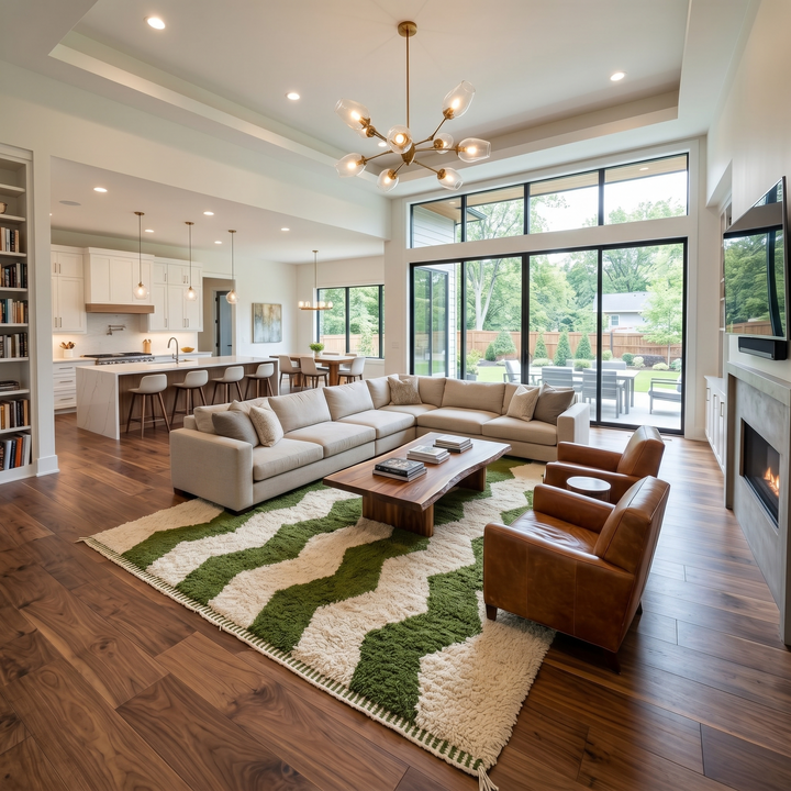 Large handmade Moroccan wool rug with ivory wool base and dark green wavy stripe pattern, displayed on a wooden floor.