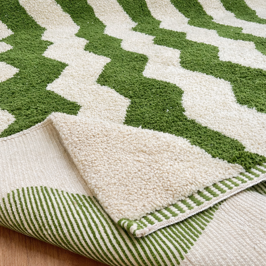Green zigzag Moroccan wool rug with ivory background, handmade Berber shag rug from Morocco