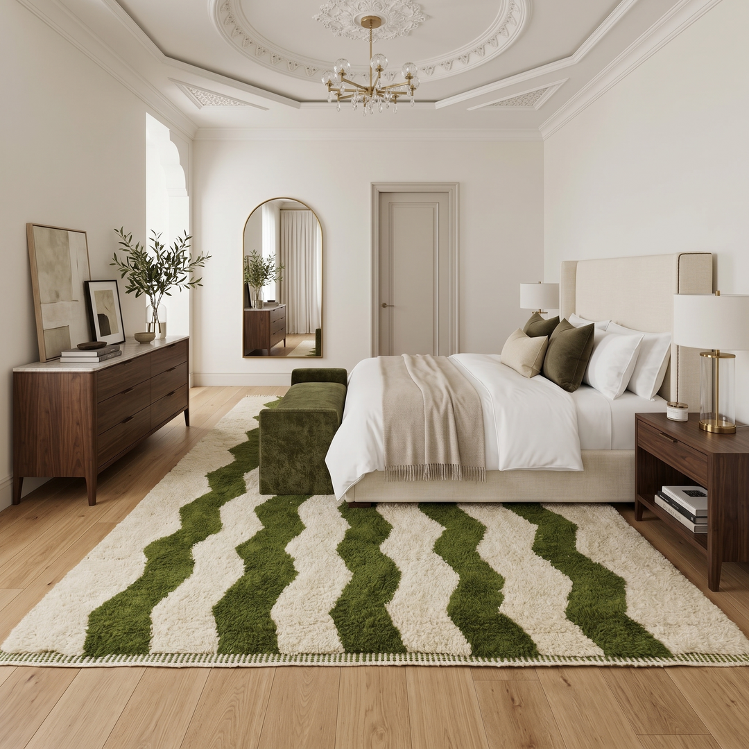 Large handmade Moroccan wool rug with ivory wool base and dark green wavy stripe pattern, displayed on a wooden floor.
