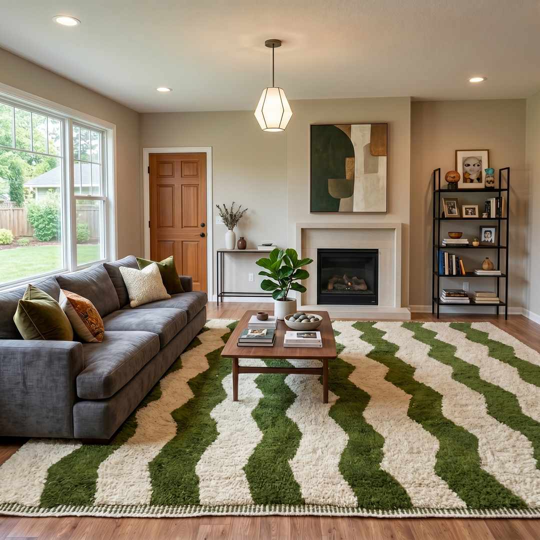 Large handmade Moroccan wool rug with ivory wool base and dark green wavy stripe pattern, displayed on a wooden floor.