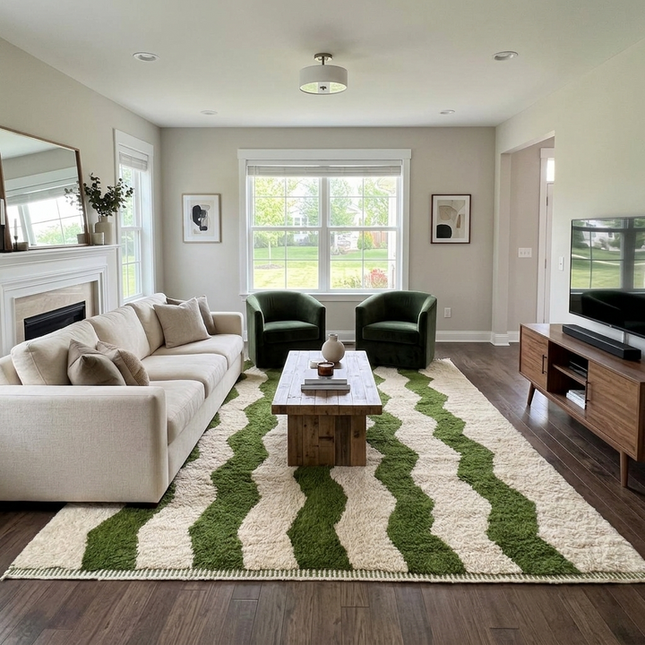 Large handmade Moroccan wool rug with ivory wool base and dark green wavy stripe pattern, displayed on a wooden floor.