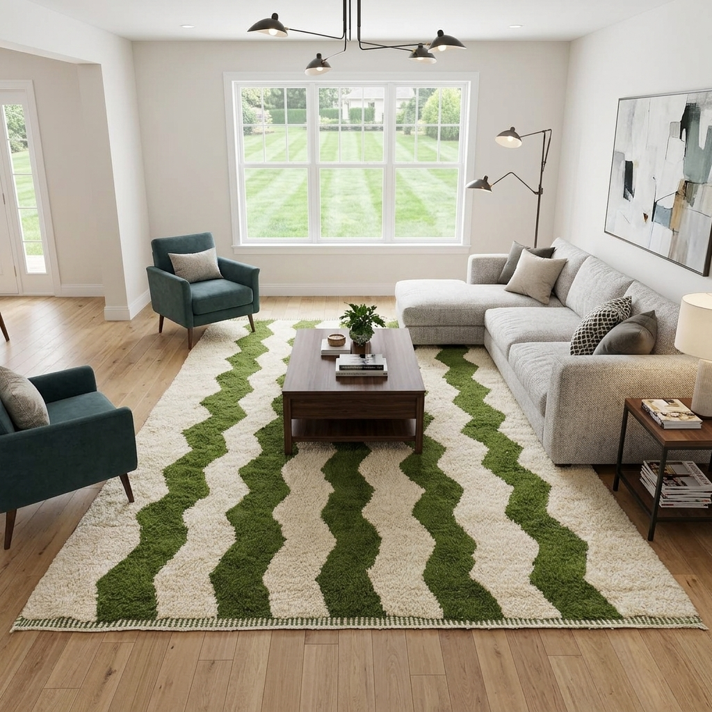 Large handmade Moroccan wool rug with ivory wool base and dark green wavy stripe pattern, displayed on a wooden floor.
