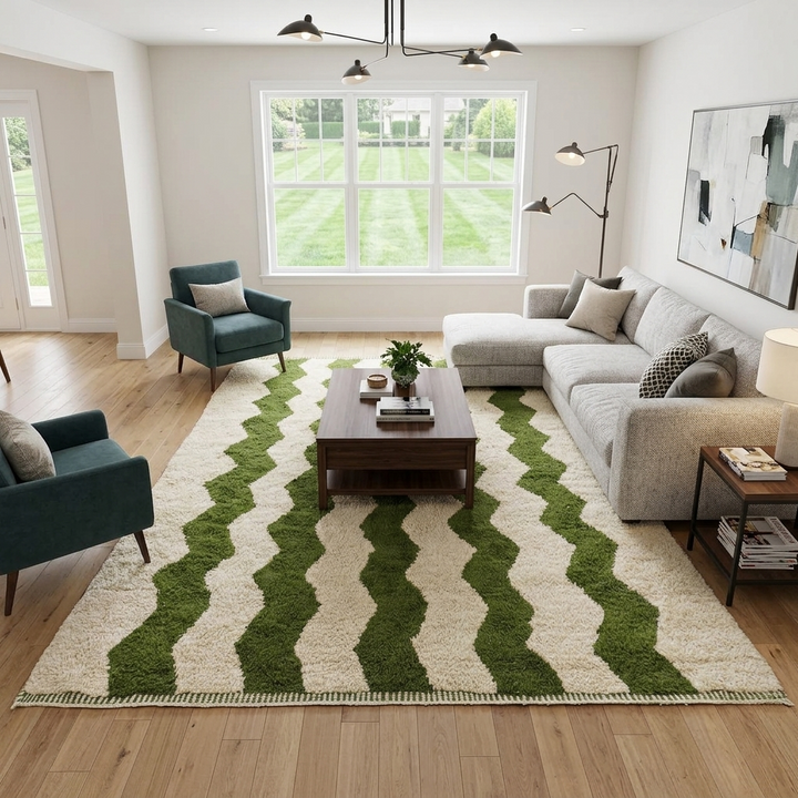 Large handmade Moroccan wool rug with ivory wool base and dark green wavy stripe pattern, displayed on a wooden floor.