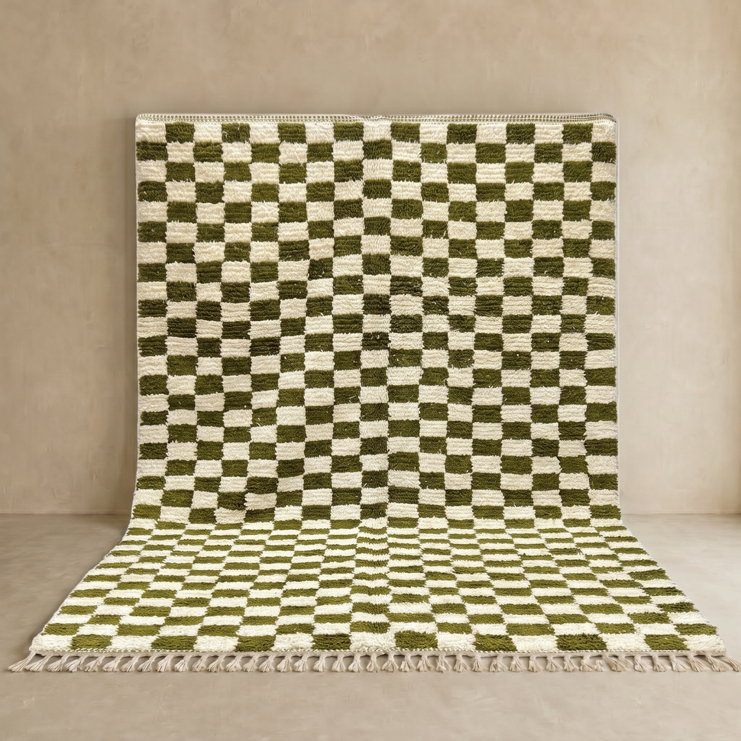 Handmade green checkered Moroccan wool rug with cream squares and fringe – Berber artisan rug
