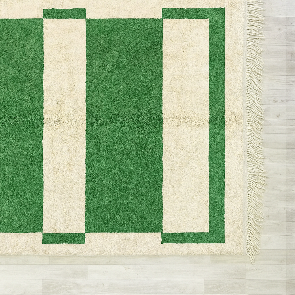 Green &amp; Cream Geometric Moroccan Wool Rug