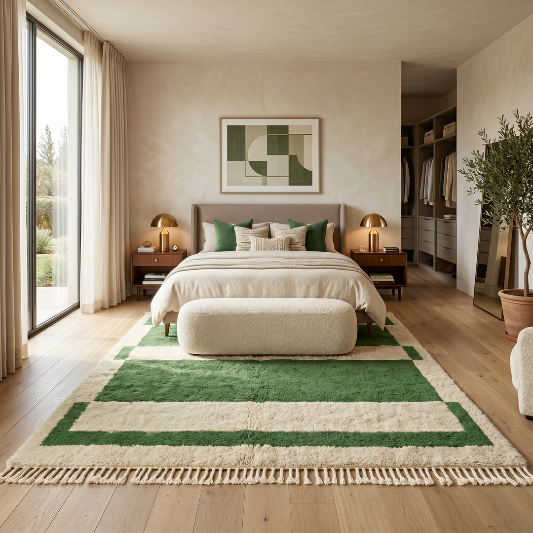 Green and cream handmade Moroccan wool rug with bold geometric border design, plush texture, and fringed tassels, displayed against a neutral beige wall.