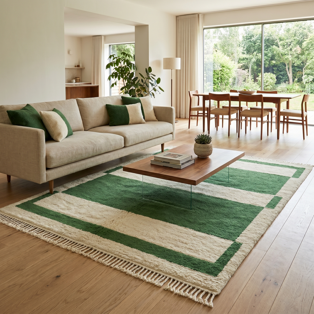 Green and cream handmade Moroccan wool rug with bold geometric border design, plush texture, and fringed tassels, displayed against a neutral beige wall.