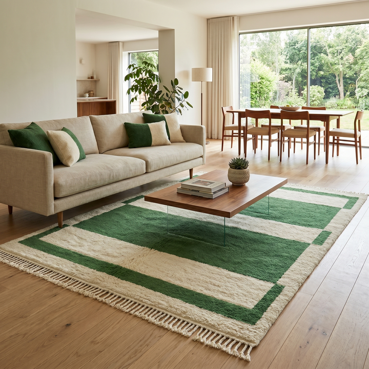 Green and cream handmade Moroccan wool rug with bold geometric border design, plush texture, and fringed tassels, displayed against a neutral beige wall.