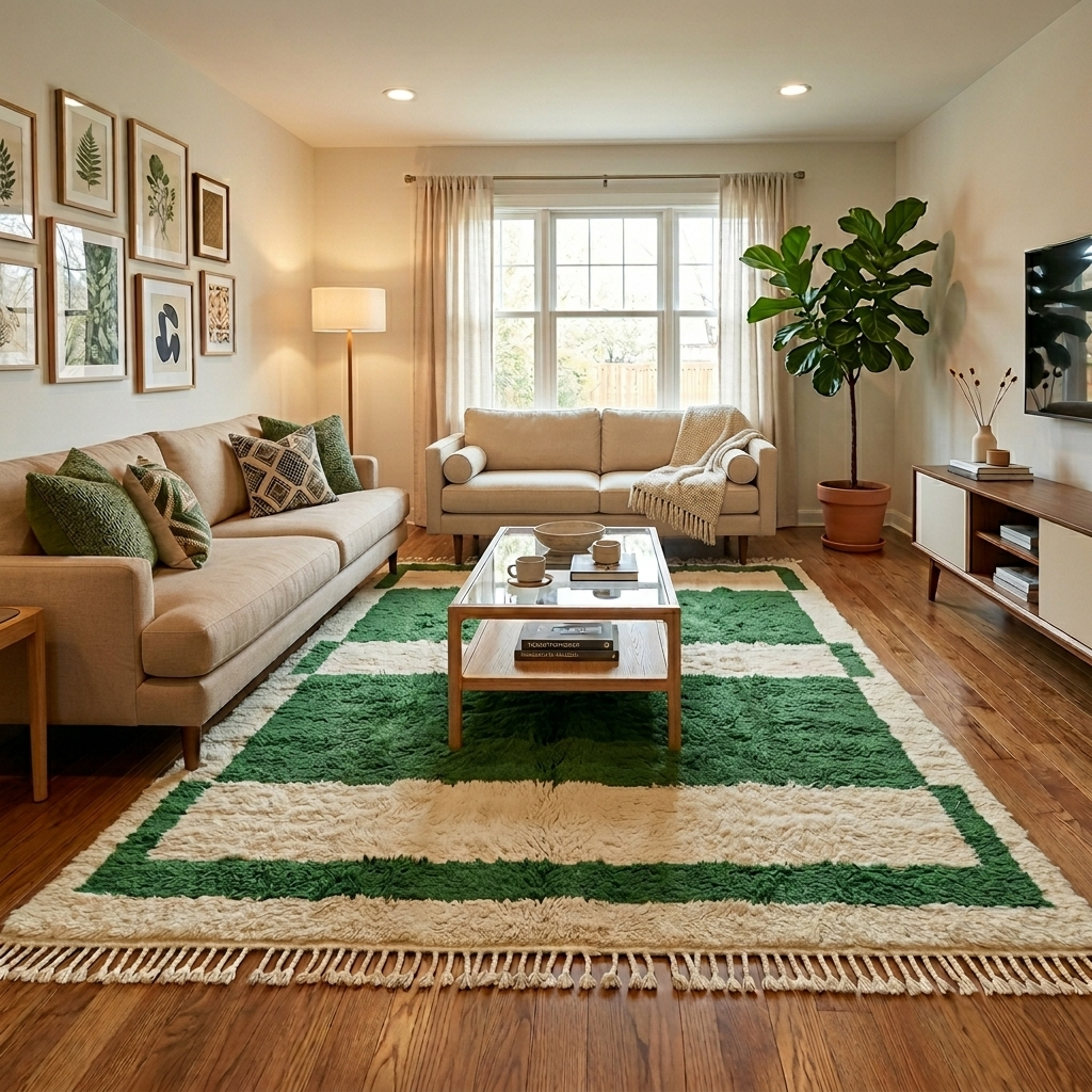 Green and cream handmade Moroccan wool rug with bold geometric border design, plush texture, and fringed tassels, displayed against a neutral beige wall.