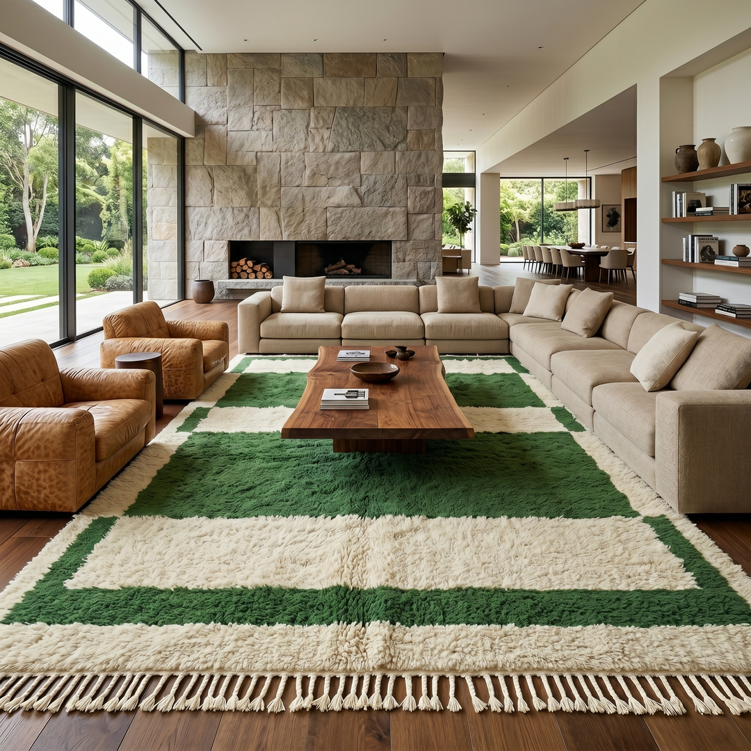 Green and cream handmade Moroccan wool rug with bold geometric border design, plush texture, and fringed tassels, displayed against a neutral beige wall.