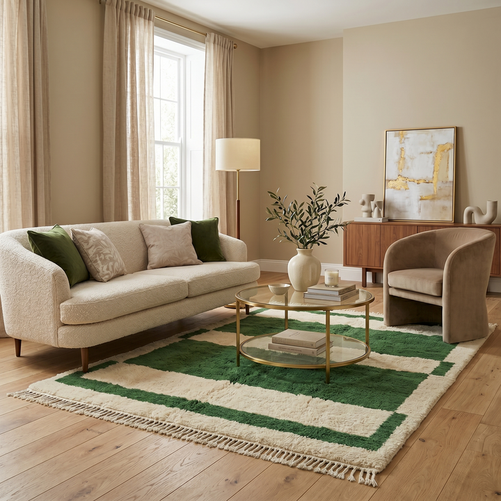 Green and cream handmade Moroccan wool rug with bold geometric border design, plush texture, and fringed tassels, displayed against a neutral beige wall.