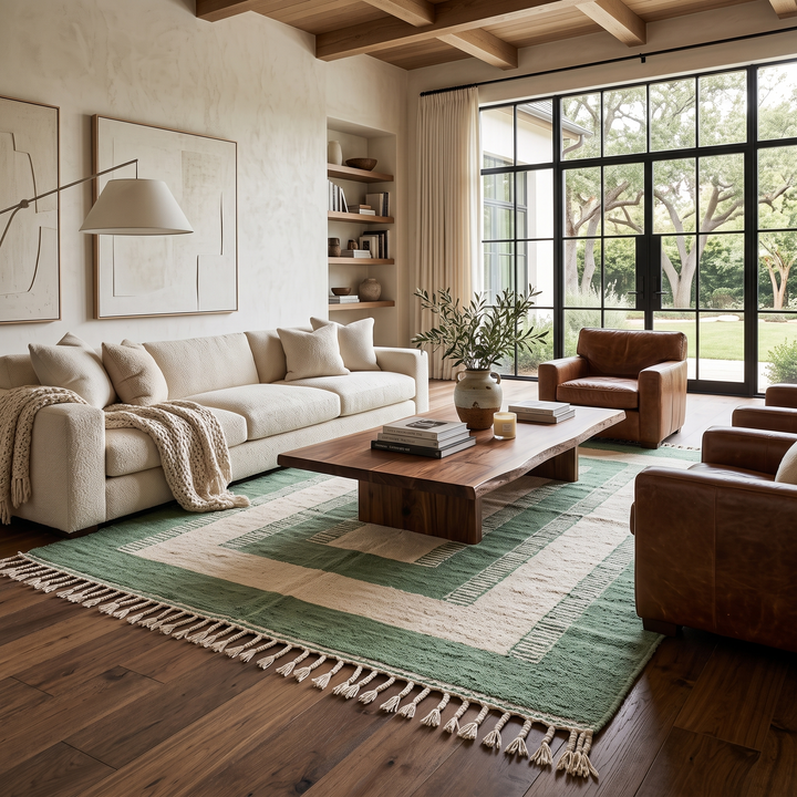 Handwoven Moroccan wool rug in green and cream white with geometric square pattern – modern flatweave Berber carpet