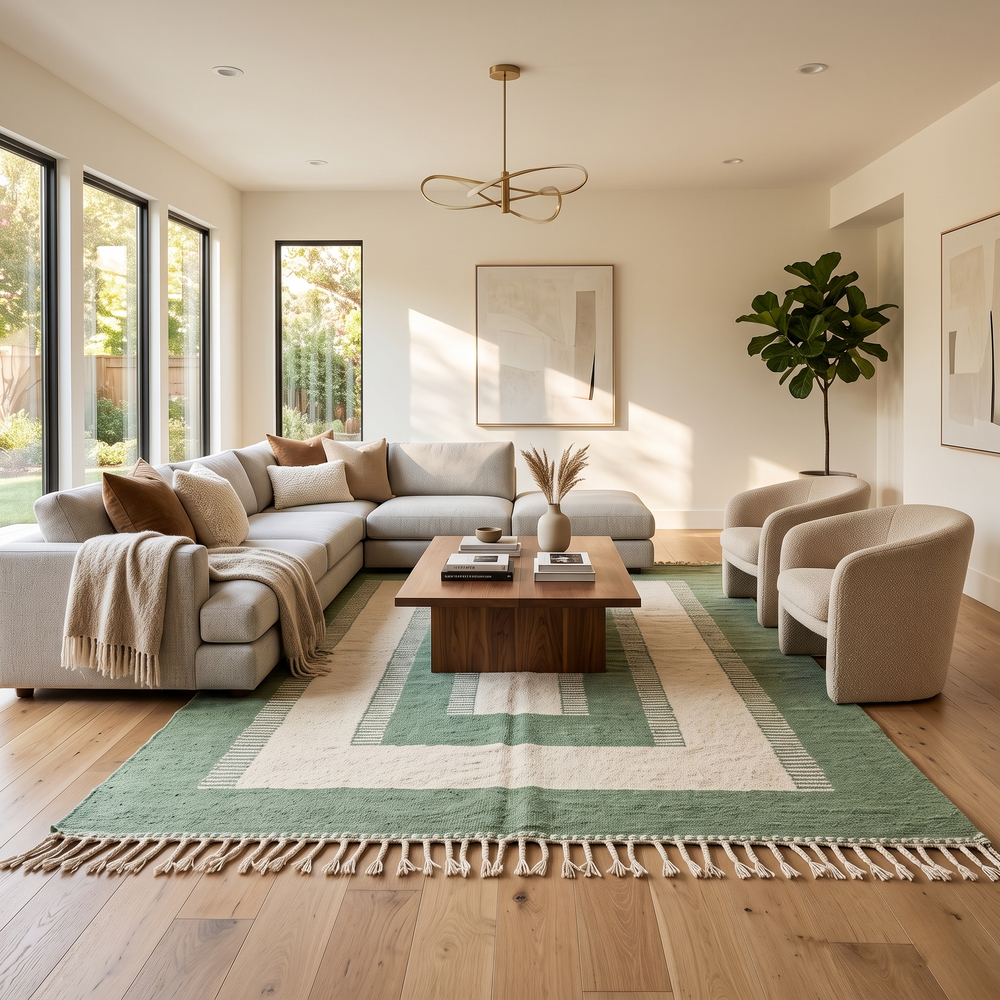Handwoven Moroccan wool rug in green and cream white with geometric square pattern – modern flatweave Berber carpet