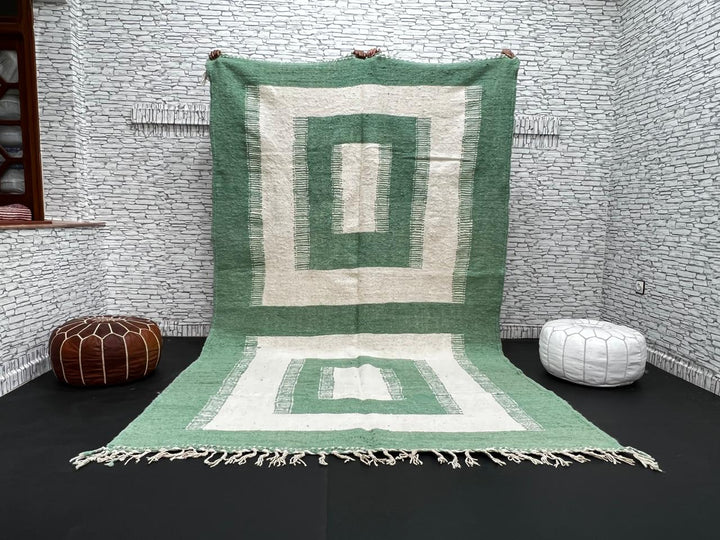 Handwoven Moroccan wool rug in green and cream white with geometric square pattern – modern flatweave Berber carpet