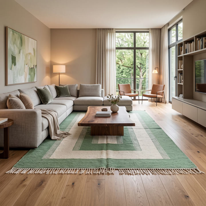 Handwoven Moroccan wool rug in green and cream white with geometric square pattern – modern flatweave Berber carpet