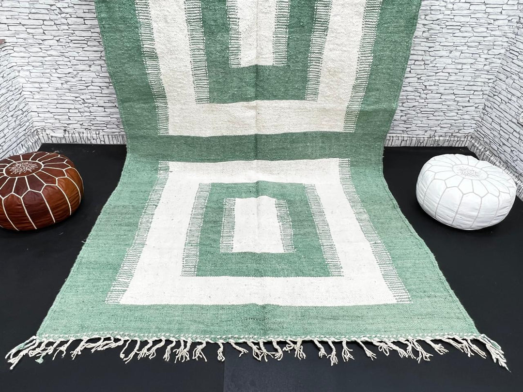 Handwoven Moroccan wool rug in green and cream white with geometric square pattern – modern flatweave Berber carpet