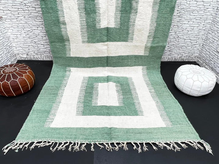 Handwoven Moroccan wool rug in green and cream white with geometric square pattern – modern flatweave Berber carpet
