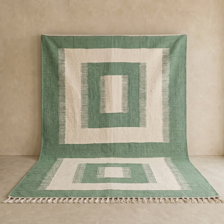 Handwoven Moroccan wool rug in green and cream white with geometric square pattern – modern flatweave Berber carpet